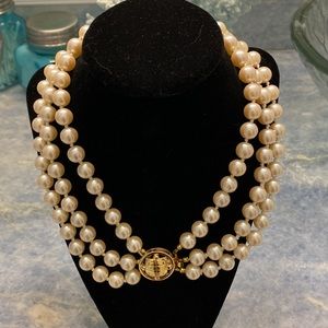 Vintage Givenchy classic triple strand faux pearl necklace gold signature clasp